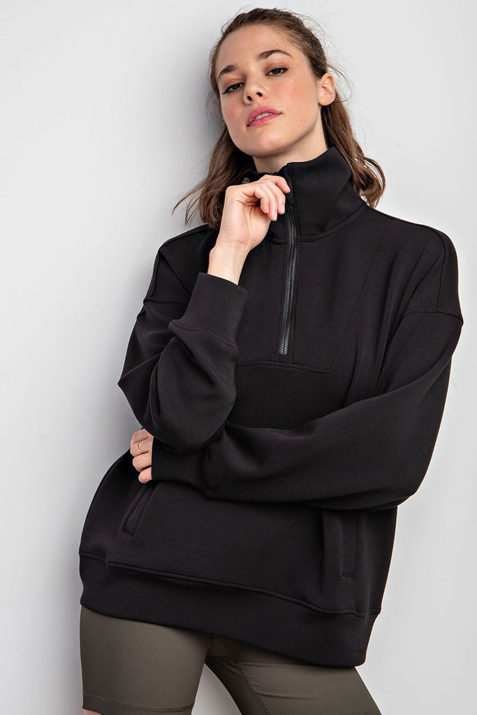 1/4 Zip Mock Neck Pullover in Black-Top-Rae Mode-Three Birdies Boutique, Women's Fashion Boutique Located in Kearney, MO