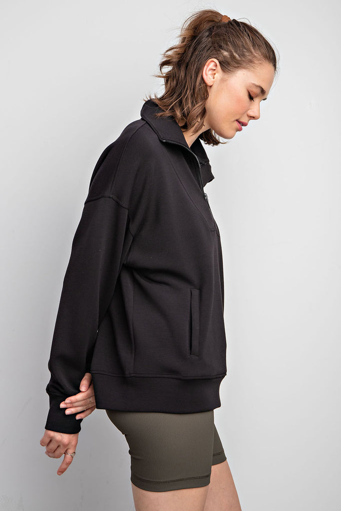 1/4 Zip Mock Neck Pullover in Black-Top-Rae Mode-Three Birdies Boutique, Women's Fashion Boutique Located in Kearney, MO