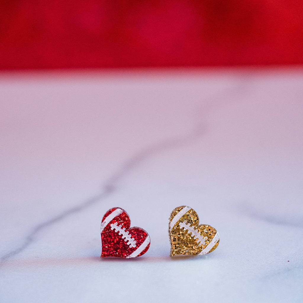 Kansas City Football Glitter Football Heart Studs-Jewelry-Stellar Gifts & Goods Wholesale-Three Birdies Boutique, Women's Fashion Boutique Located in Kearney, MO