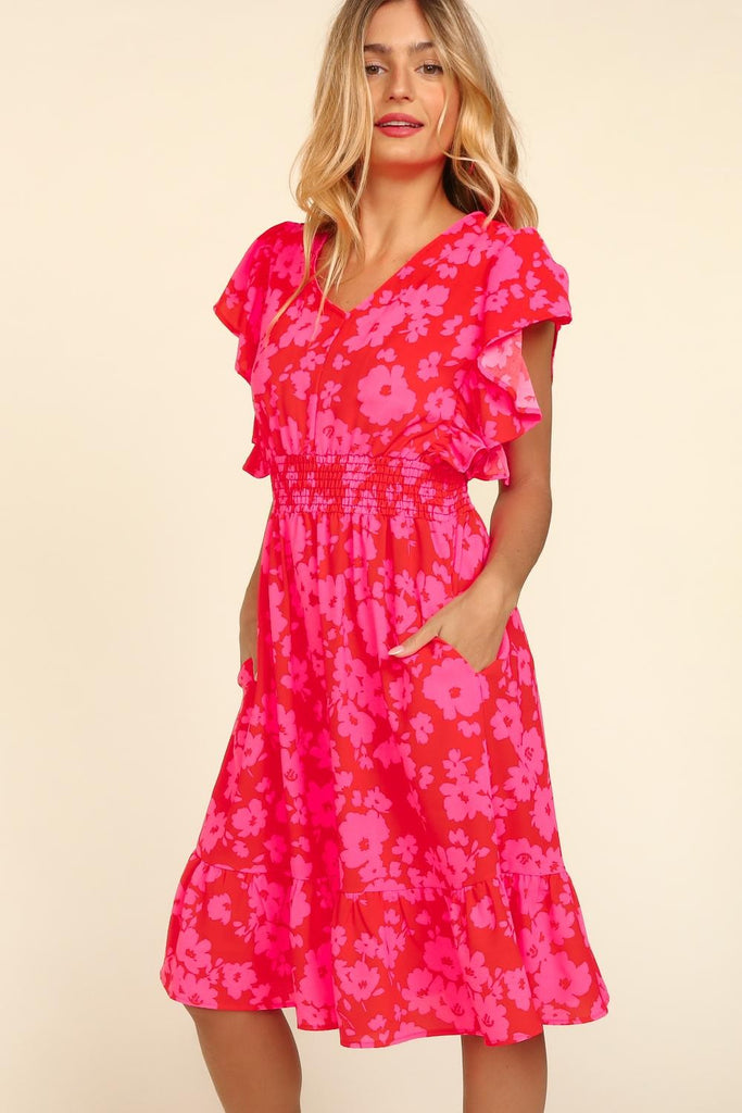 Red & Pink Floral Midi Dress-Dresses-Haptics-Three Birdies Boutique, Women's Fashion Boutique Located in Kearney, MO