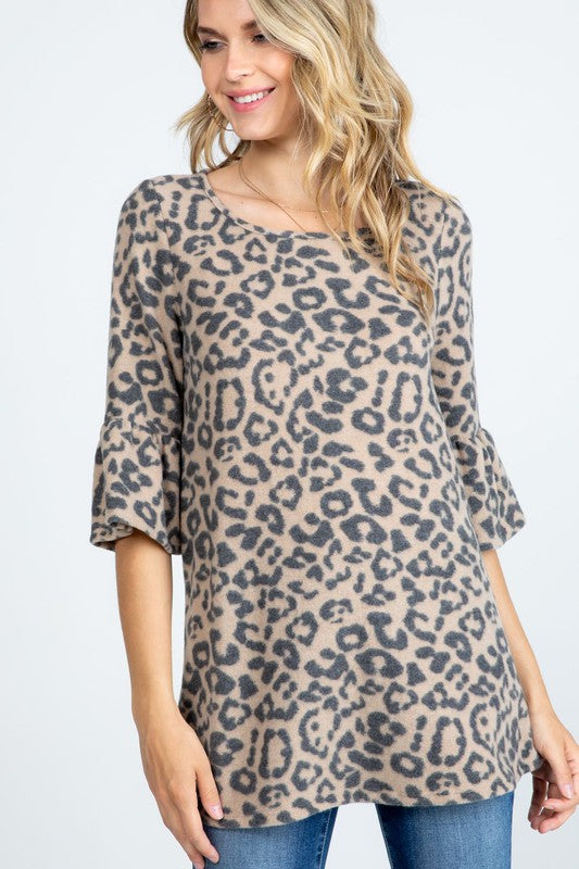 Leopard Ruffle Sleeve Top-Shirts & Tops-P & Rose-Three Birdies Boutique, Women's Fashion Boutique Located in Kearney, MO