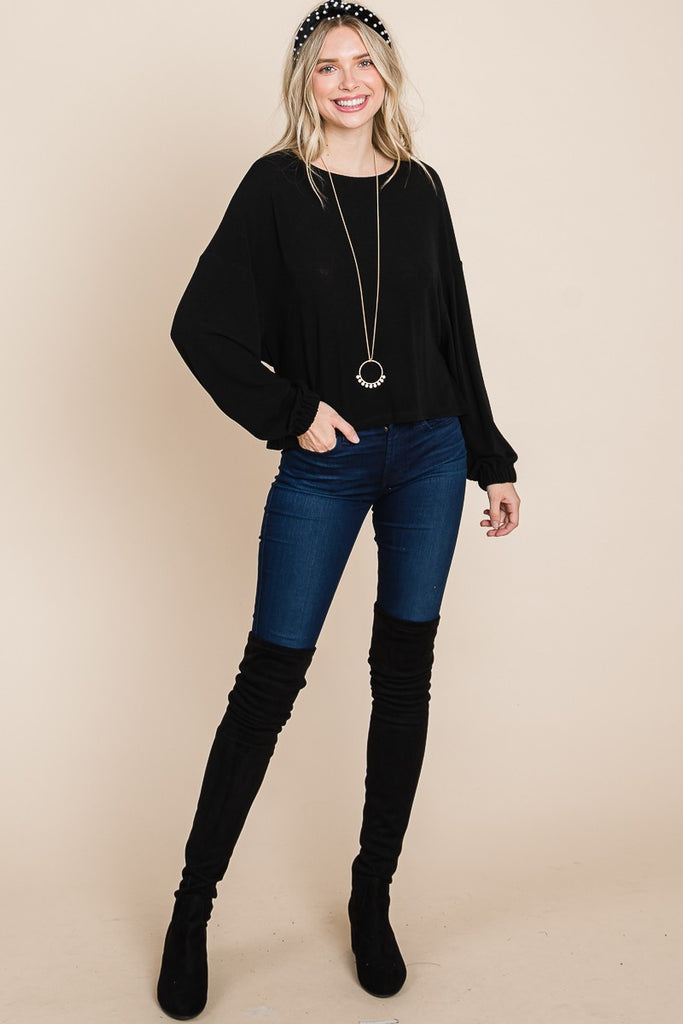 Black Balloon Sleeve Casual Top-Blouse-Emerald Collection-Three Birdies Boutique, Women's Fashion Boutique Located in Kearney, MO