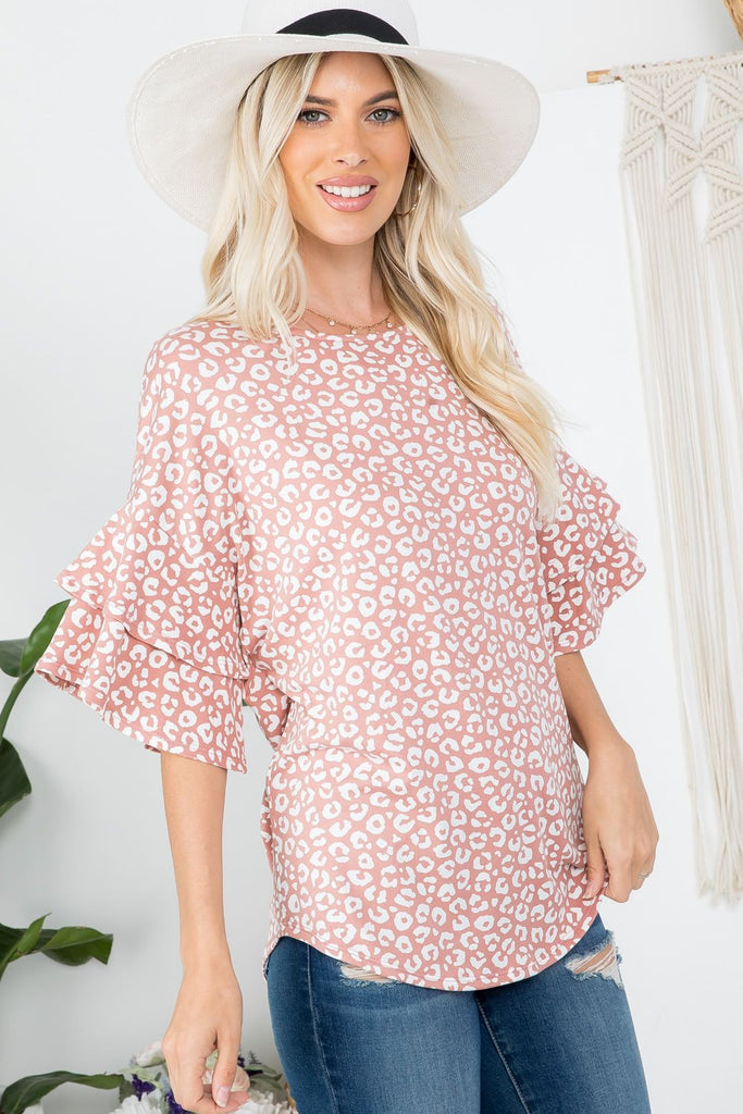 Rose Animal Print Ruffle Sleeve Top-Shirts & Tops-P & Rose-Three Birdies Boutique, Women's Fashion Boutique Located in Kearney, MO