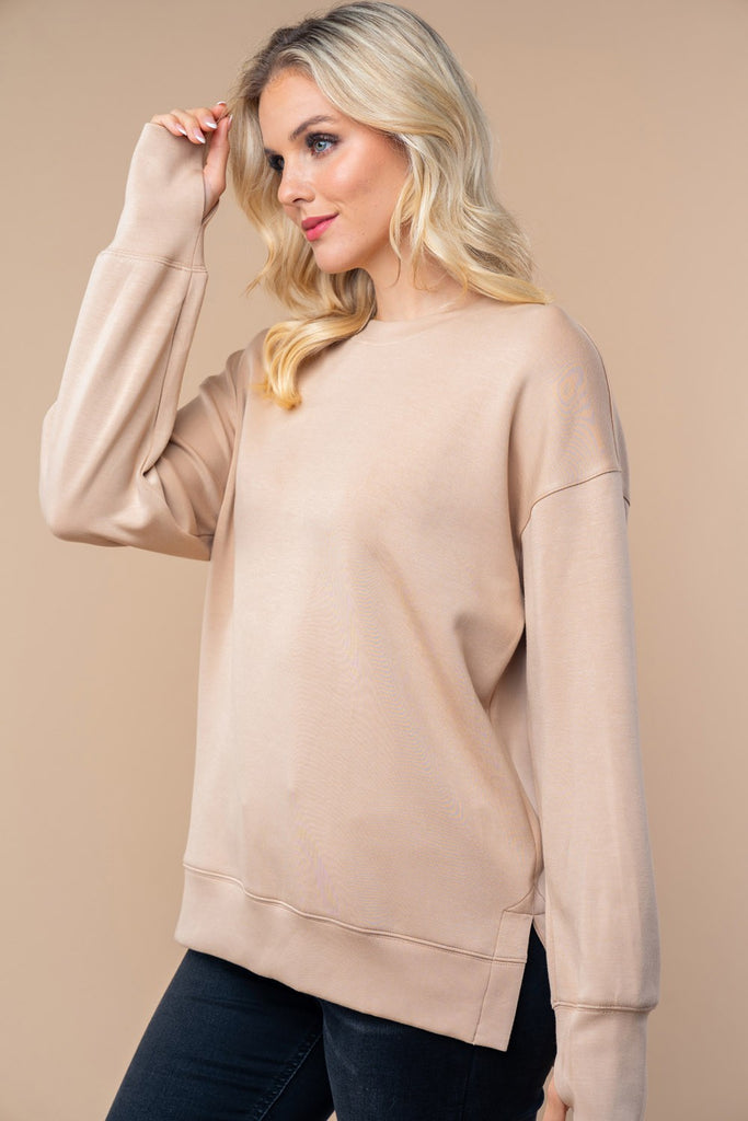 Long Sleeve Pullover With Side Slits-Shirts & Tops-White Birch-Three Birdies Boutique, Women's Fashion Boutique Located in Kearney, MO