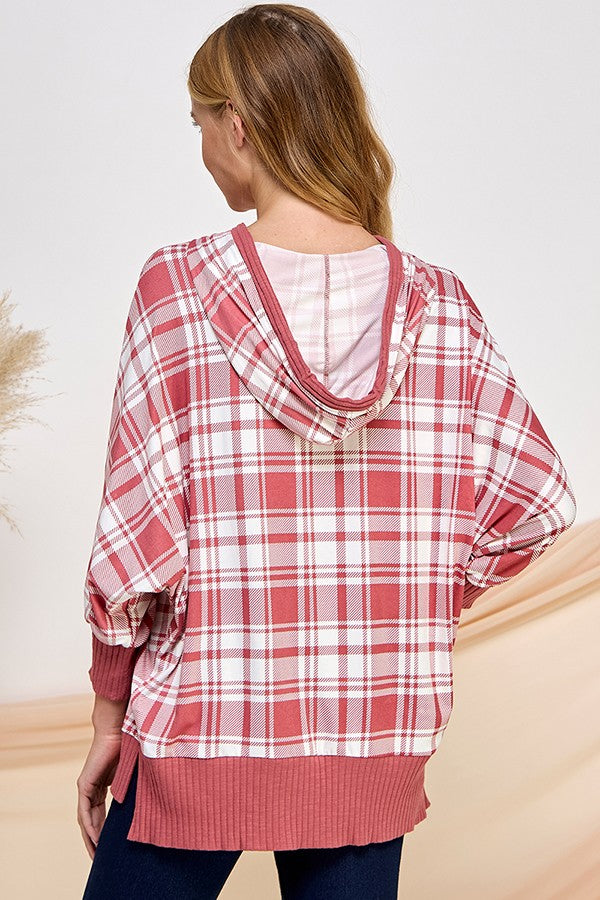 3/4 Sleeve Plaid Hoodie Top-Shirts & Tops-BLUMIN-Three Birdies Boutique, Women's Fashion Boutique Located in Kearney, MO