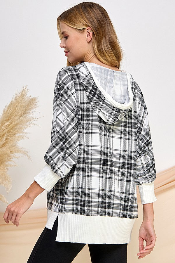 3/4 Sleeve Plaid Hoodie Top-Shirts & Tops-BLUMIN-Three Birdies Boutique, Women's Fashion Boutique Located in Kearney, MO