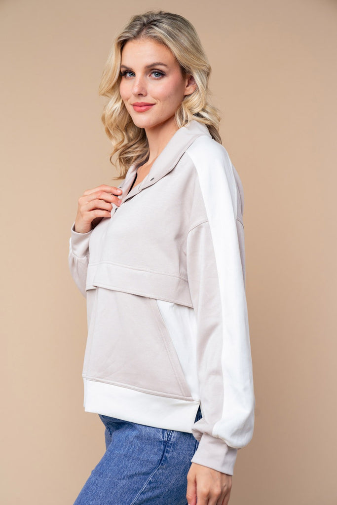 Open Collar Long Sleeve Top-Sweater-White Birch-Three Birdies Boutique, Women's Fashion Boutique Located in Kearney, MO