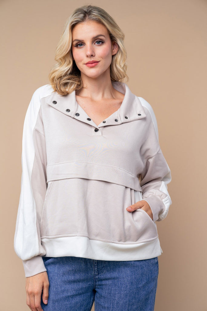 Open Collar Long Sleeve Top-Sweater-White Birch-Three Birdies Boutique, Women's Fashion Boutique Located in Kearney, MO