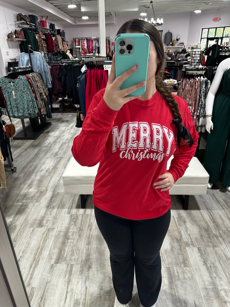 Merry Christmas Long Sleeve Graphic Tee-Graphic Tees-Tres Birdos Graphic Tees-Three Birdies Boutique, Women's Fashion Boutique Located in Kearney, MO