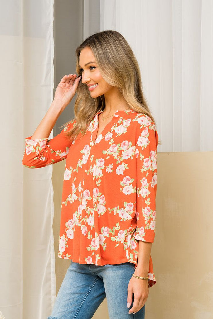 3/4 Sleeve Orange Floral Blouse-Shirts & Tops-Sew In Love-Three Birdies Boutique, Women's Fashion Boutique Located in Kearney, MO