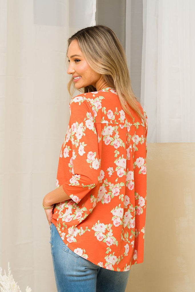 3/4 Sleeve Orange Floral Blouse-Shirts & Tops-Sew In Love-Three Birdies Boutique, Women's Fashion Boutique Located in Kearney, MO