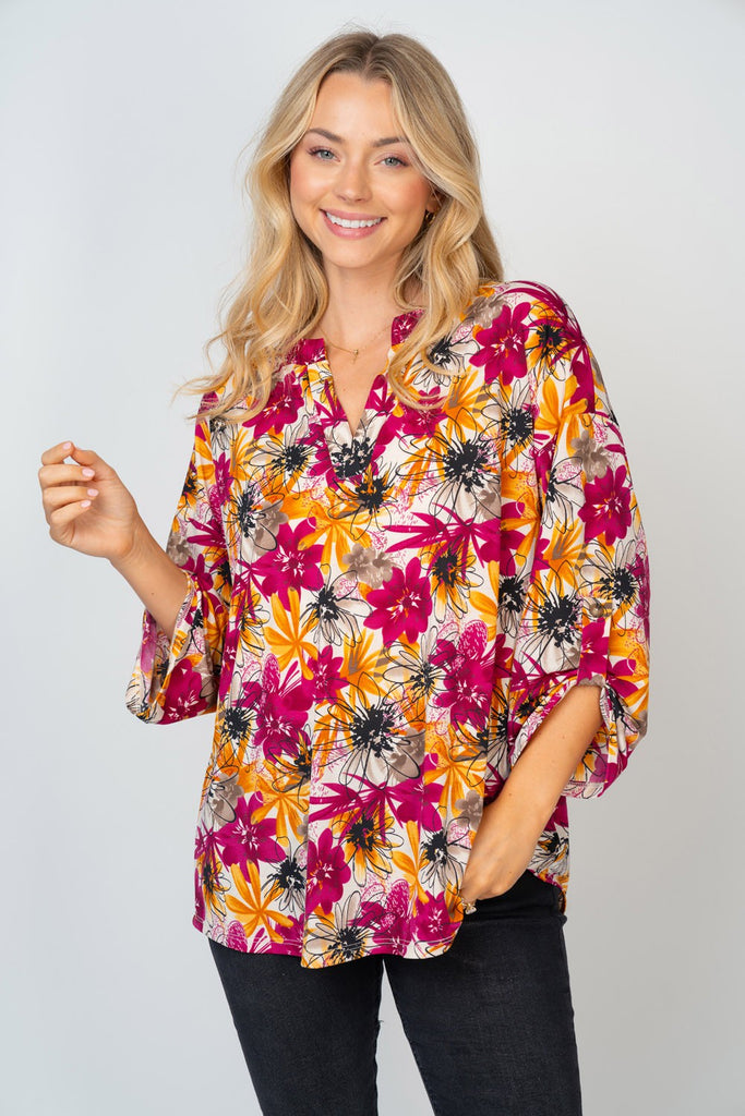 3/4 Sleeve Multi-Color Floral Blouse-Shirts & Tops-White Birch-Three Birdies Boutique, Women's Fashion Boutique Located in Kearney, MO