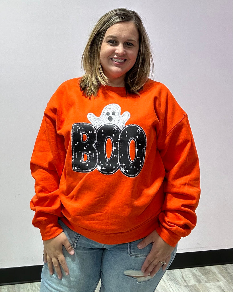 Orange Boo Crewneck-Graphic Tees-Tres Birdos Graphic Tees-Three Birdies Boutique, Women's Fashion Boutique Located in Kearney, MO