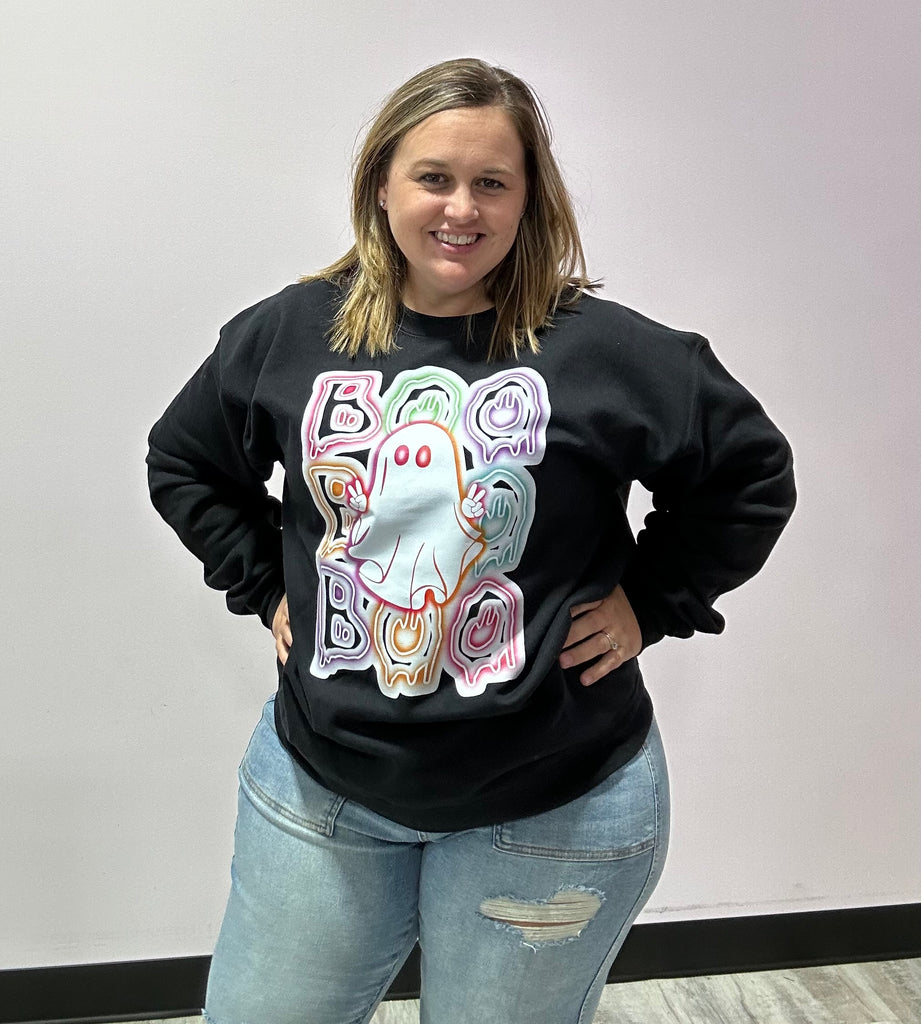 Black Repeating Boo Crewneck-Graphic Tees-Tres Birdos Graphic Tees-Three Birdies Boutique, Women's Fashion Boutique Located in Kearney, MO