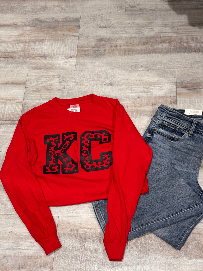 Leopard KC Long Sleeve Graphic Tee-Graphic Tees-Tres Birdos Graphic Tees-Three Birdies Boutique, Women's Fashion Boutique Located in Kearney, MO