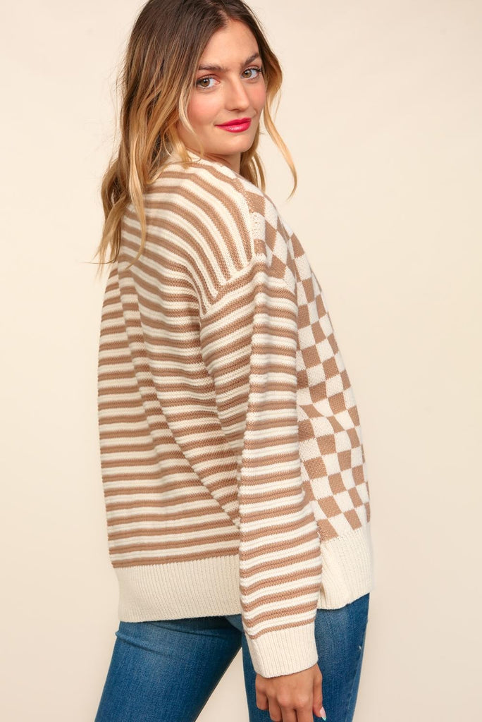 Checker & Stripe Cardigan Sweater-Shirts & Tops-Haptics-Three Birdies Boutique, Women's Fashion Boutique Located in Kearney, MO