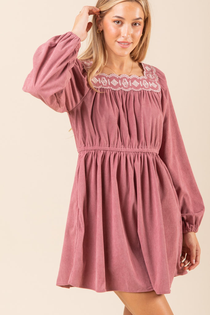 Embroidered Corduroy Mini Dress in Mauve-Shirts & Tops-Very J-Three Birdies Boutique, Women's Fashion Boutique Located in Kearney, MO