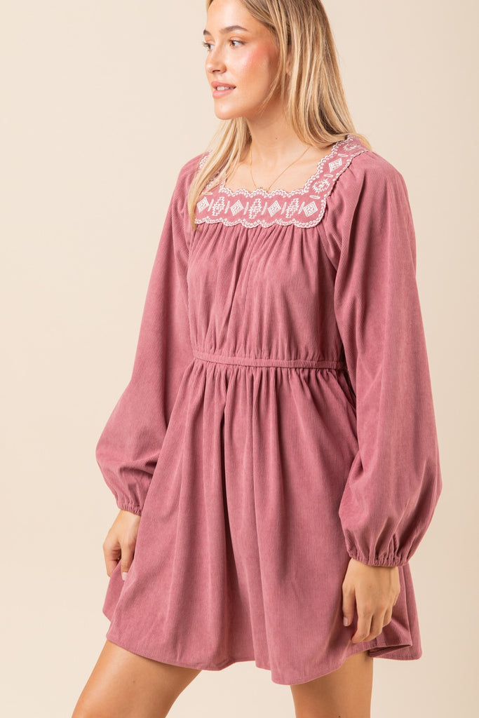 Embroidered Corduroy Mini Dress in Mauve-Shirts & Tops-Very J-Three Birdies Boutique, Women's Fashion Boutique Located in Kearney, MO