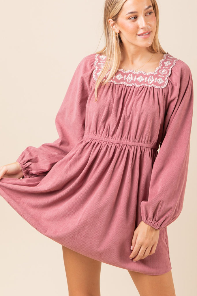 Embroidered Corduroy Mini Dress in Mauve-Shirts & Tops-Very J-Three Birdies Boutique, Women's Fashion Boutique Located in Kearney, MO