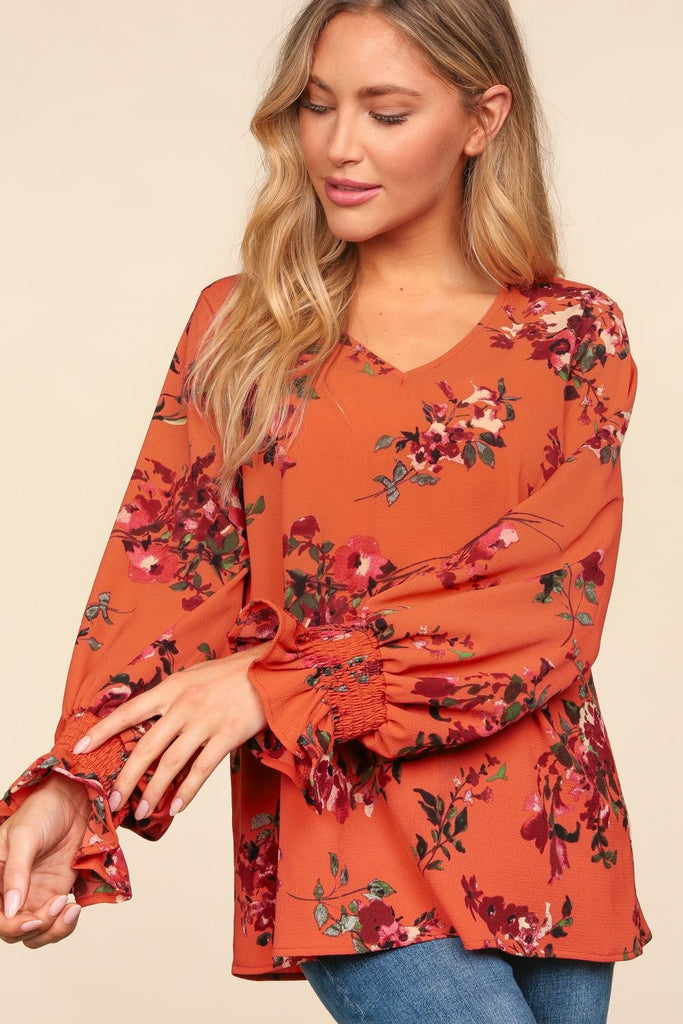 Floral Bubble Sleeve Blouse in Rust -Blouse-Haptics-Three Birdies Boutique, Women's Fashion Boutique Located in Kearney, MO