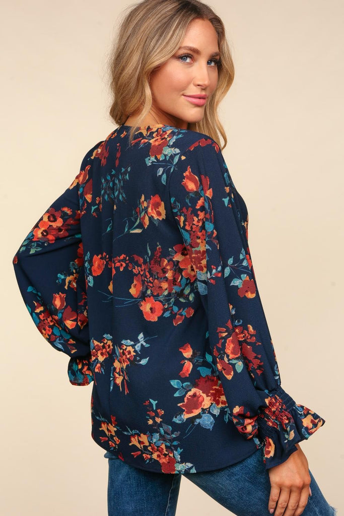 Floral Bubble Sleeve Blouse in Navy -Blouse-Haptics-Three Birdies Boutique, Women's Fashion Boutique Located in Kearney, MO