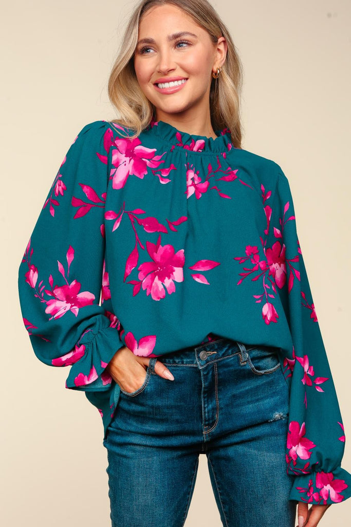 Floral Frilled Mock Neck Blouse in Teal & Magenta -Blouse-Haptics-Three Birdies Boutique, Women's Fashion Boutique Located in Kearney, MO