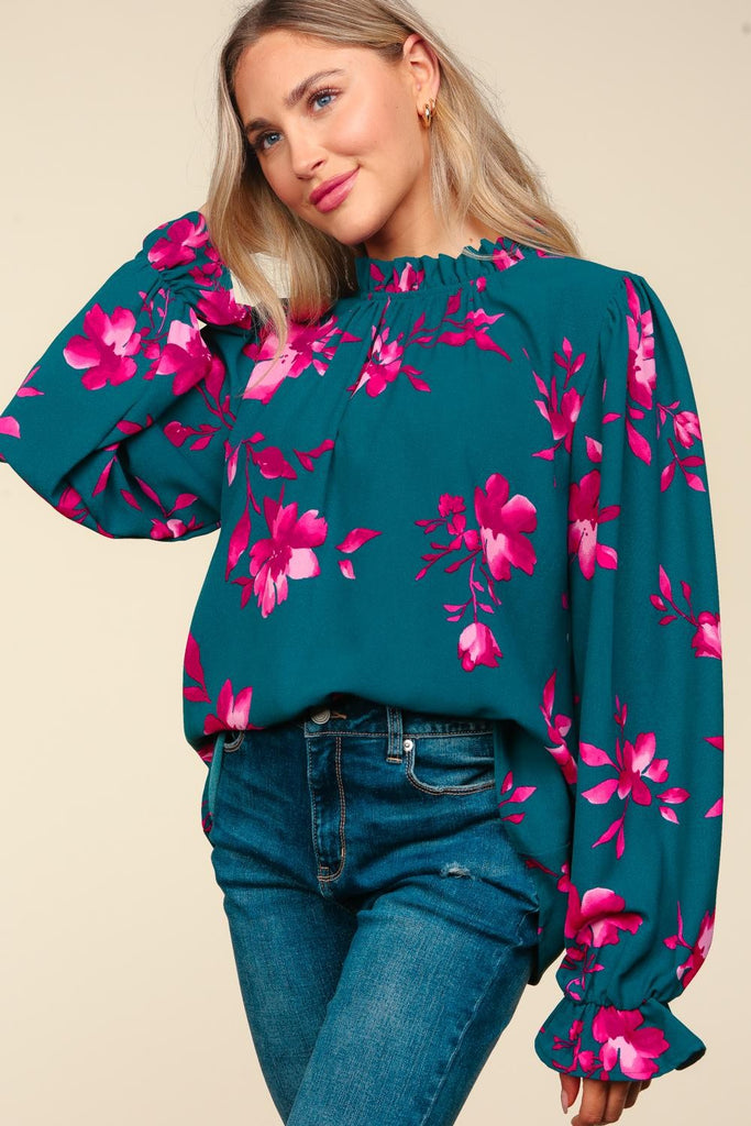 Floral Frilled Mock Neck Blouse in Teal & Magenta -Blouse-Haptics-Three Birdies Boutique, Women's Fashion Boutique Located in Kearney, MO