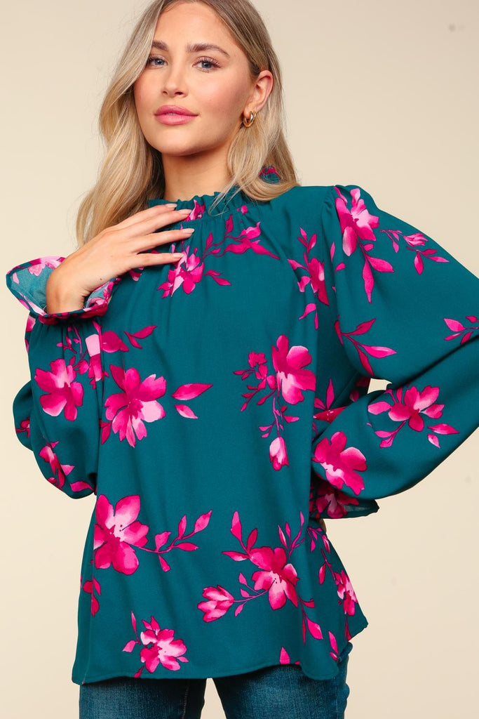 Floral Frilled Mock Neck Blouse in Teal & Magenta -Blouse-Haptics-Three Birdies Boutique, Women's Fashion Boutique Located in Kearney, MO