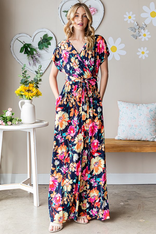 Navy Floral Maxi Wrap Dress-Dresses-Heimish-Three Birdies Boutique, Women's Fashion Boutique Located in Kearney, MO