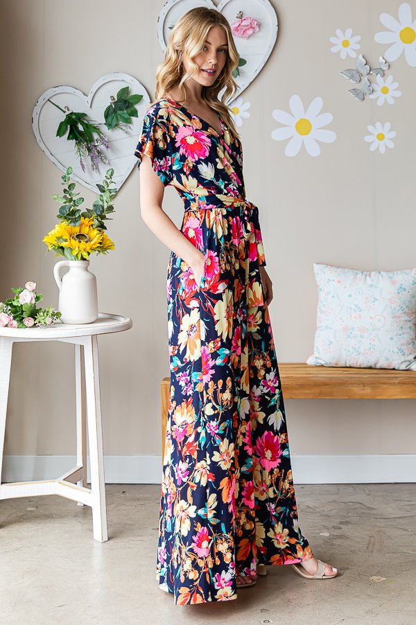 Navy Floral Maxi Wrap Dress-Dresses-Heimish-Three Birdies Boutique, Women's Fashion Boutique Located in Kearney, MO