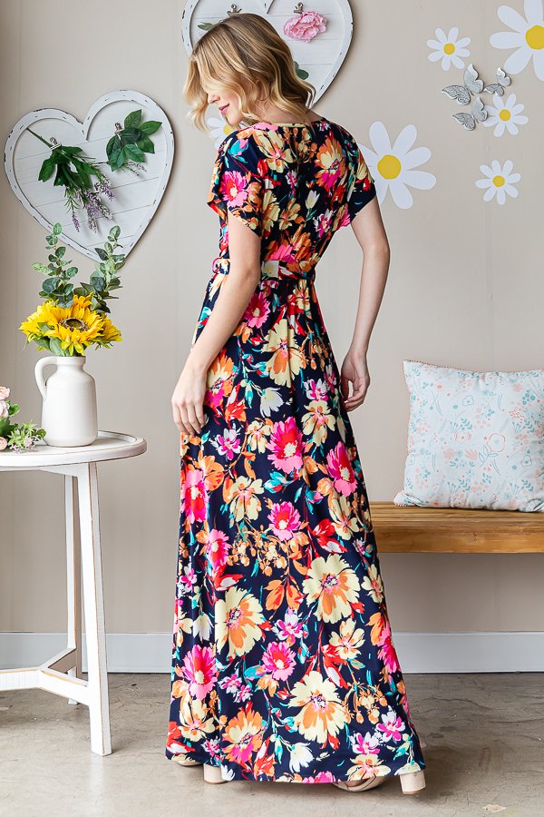 Navy Floral Maxi Wrap Dress-Dresses-Heimish-Three Birdies Boutique, Women's Fashion Boutique Located in Kearney, MO