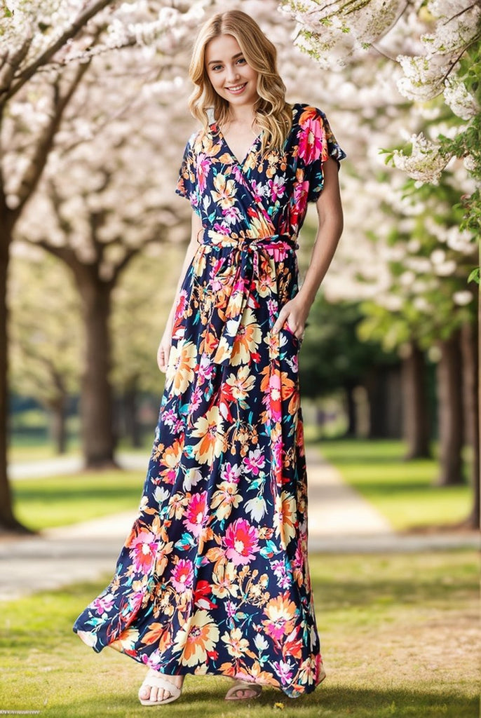 Navy Floral Maxi Wrap Dress-Dresses-Heimish-Three Birdies Boutique, Women's Fashion Boutique Located in Kearney, MO