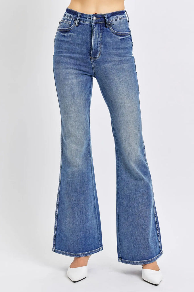 Judy Blue HW Tummy Control Contrast Wash Flare Jeans -Jeans-Judy Blue-Three Birdies Boutique, Women's Fashion Boutique Located in Kearney, MO