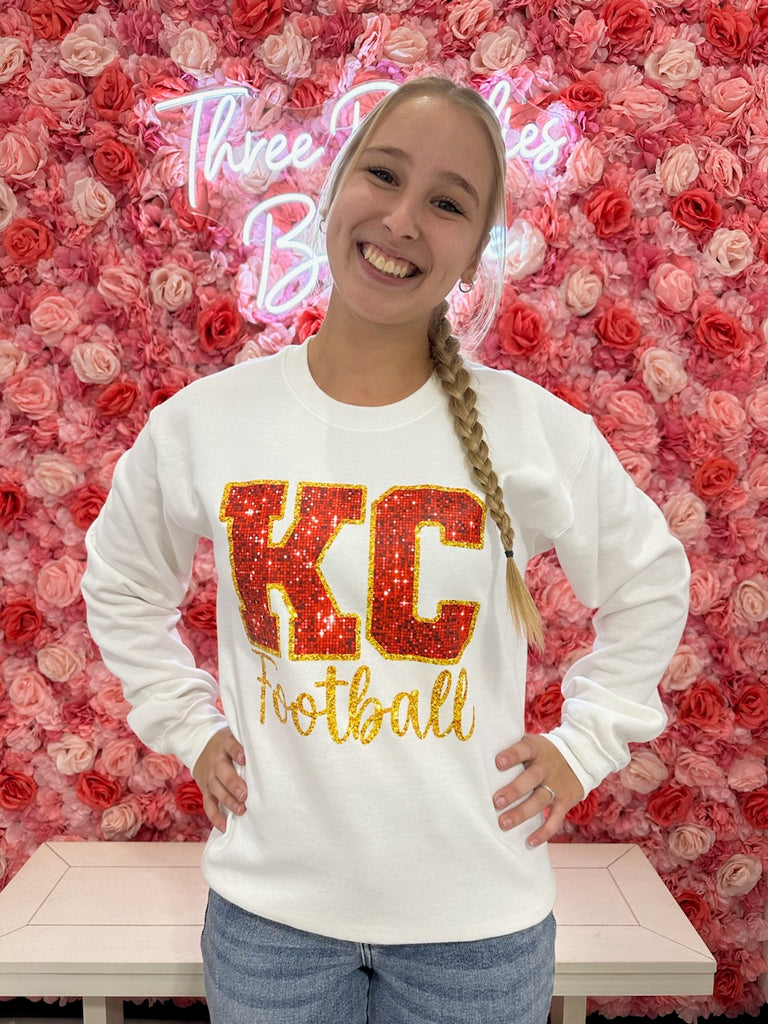 KC Football Crewneck-Graphic Tees-Tres Birdos Graphic Tees-Three Birdies Boutique, Women's Fashion Boutique Located in Kearney, MO