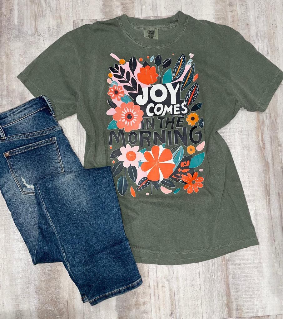 Joy Comes in the Morning Graphic Tee-Graphic Tees-Tres Birdos Graphic Tees-Three Birdies Boutique, Women's Fashion Boutique Located in Kearney, MO