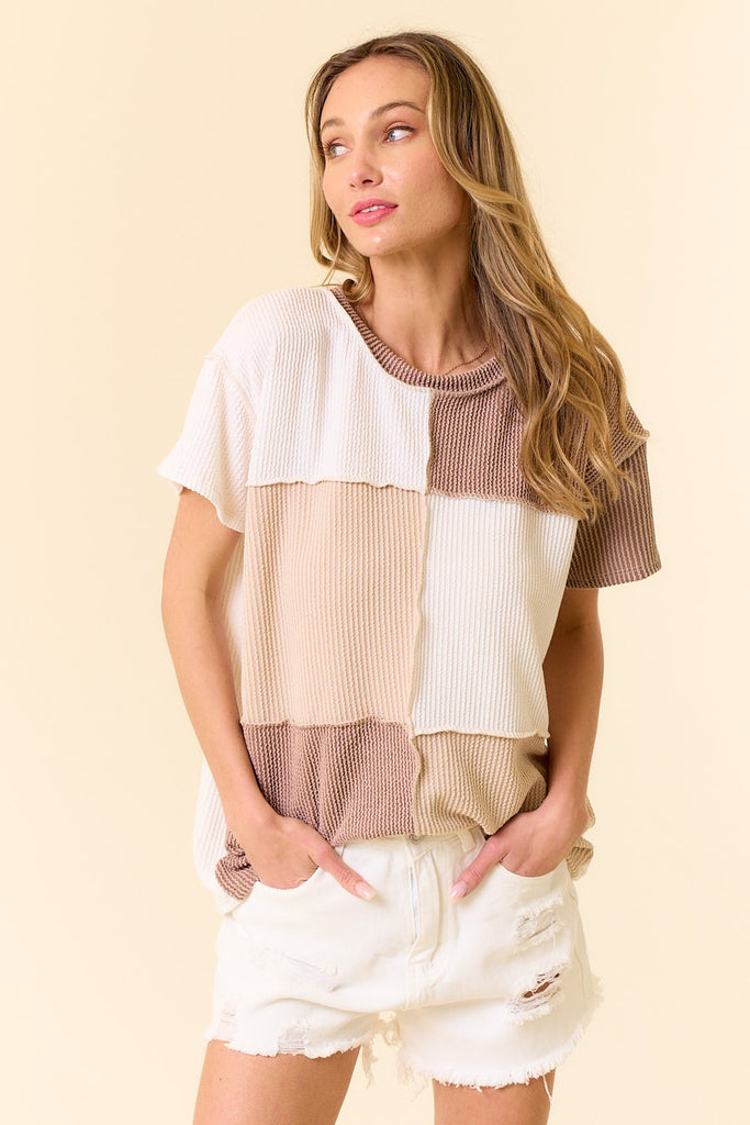 Neutral Color Block Ribbed Tee-Shirts & Tops-Lovely Melody-Three Birdies Boutique, Women's Fashion Boutique Located in Kearney, MO