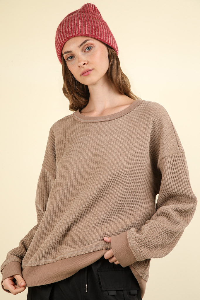 Oversized Soft Textured Knit Top in Mocha-Shirts & Tops-Very J-Three Birdies Boutique, Women's Fashion Boutique Located in Kearney, MO