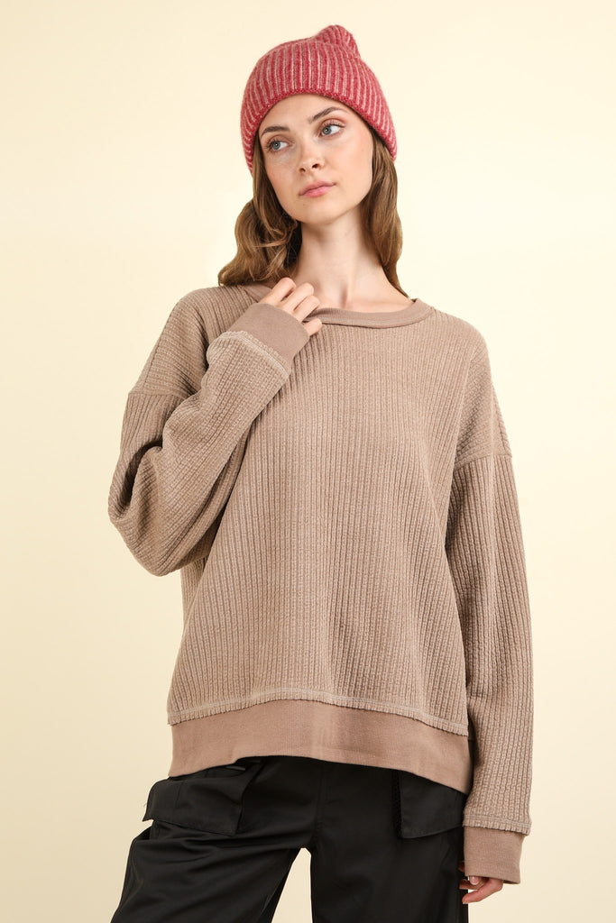 Oversized Soft Textured Knit Top in Mocha-Shirts & Tops-Very J-Three Birdies Boutique, Women's Fashion Boutique Located in Kearney, MO