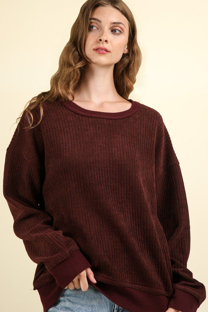 Oversized Soft Textured Knit Top in Maroon-Shirts & Tops-Very J-Three Birdies Boutique, Women's Fashion Boutique Located in Kearney, MO