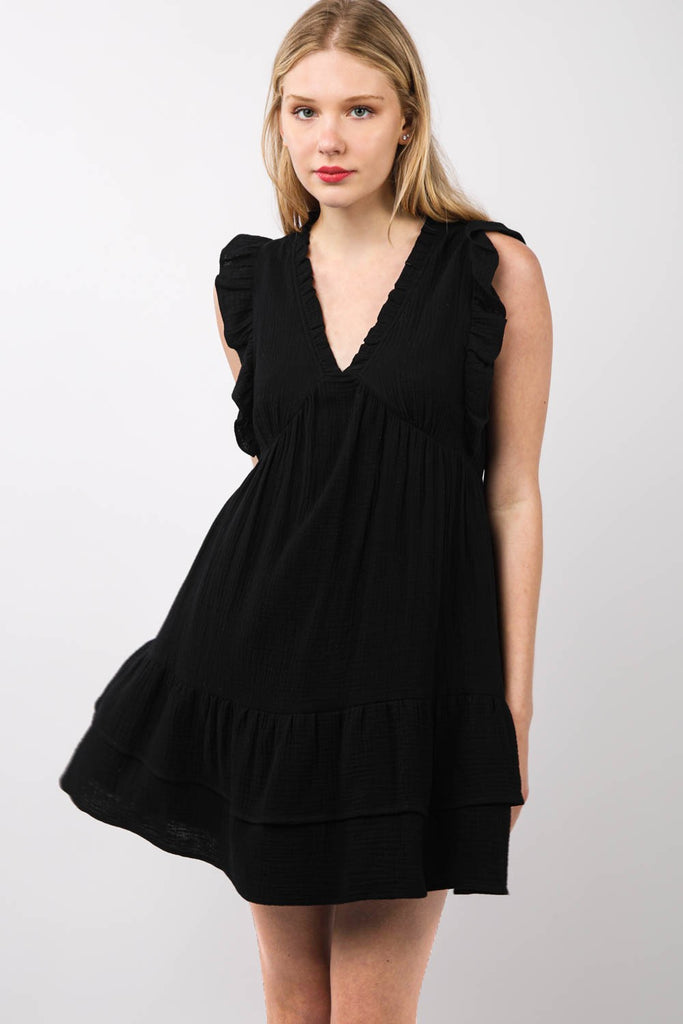 Ruffled V-Neck Mini Dress in Black-Dresses-Very J-Three Birdies Boutique, Women's Fashion Boutique Located in Kearney, MO