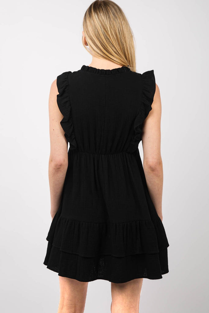 Ruffled V-Neck Mini Dress in Black-Dresses-Very J-Three Birdies Boutique, Women's Fashion Boutique Located in Kearney, MO