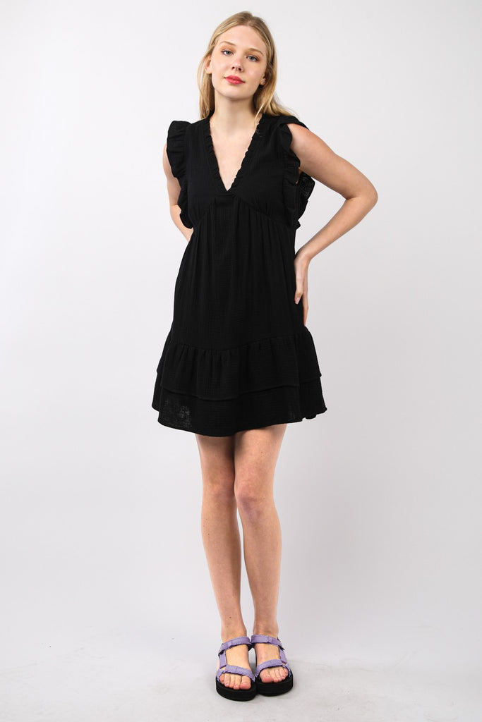 Ruffled V-Neck Mini Dress in Black-Dresses-Very J-Three Birdies Boutique, Women's Fashion Boutique Located in Kearney, MO