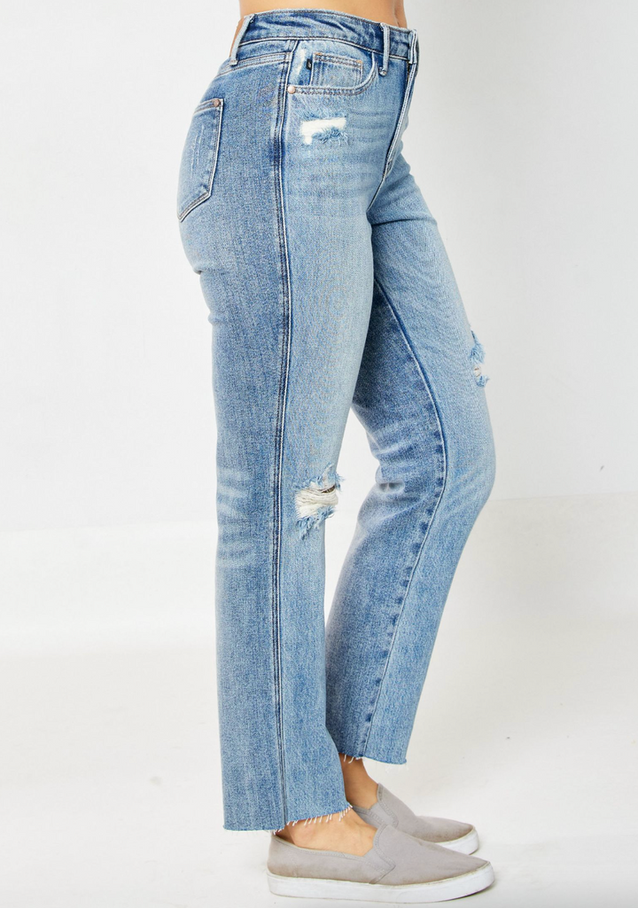 Judy Blue Rigid Magic Destroyed Straight Leg Jeans-Denim-Judy Blue-Three Birdies Boutique, Women's Fashion Boutique Located in Kearney, MO