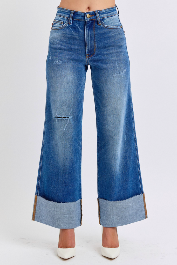 Judy Blue HW Cuffed Retro Wide Leg Jeans-Denim-Judy Blue-Three Birdies Boutique, Women's Fashion Boutique Located in Kearney, MO