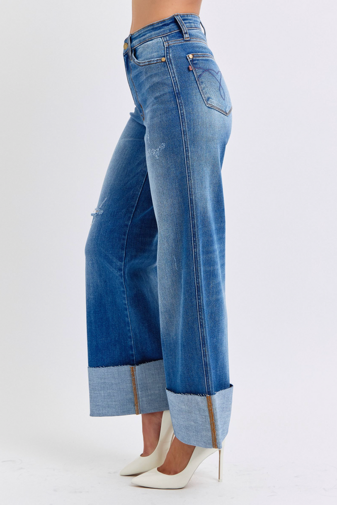 Judy Blue HW Cuffed Retro Wide Leg Jeans-Denim-Judy Blue-Three Birdies Boutique, Women's Fashion Boutique Located in Kearney, MO