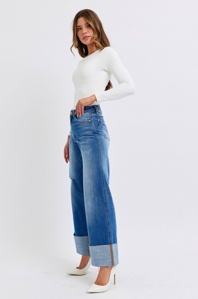 Judy Blue HW Cuffed Retro Wide Leg Jeans-Denim-Judy Blue-Three Birdies Boutique, Women's Fashion Boutique Located in Kearney, MO