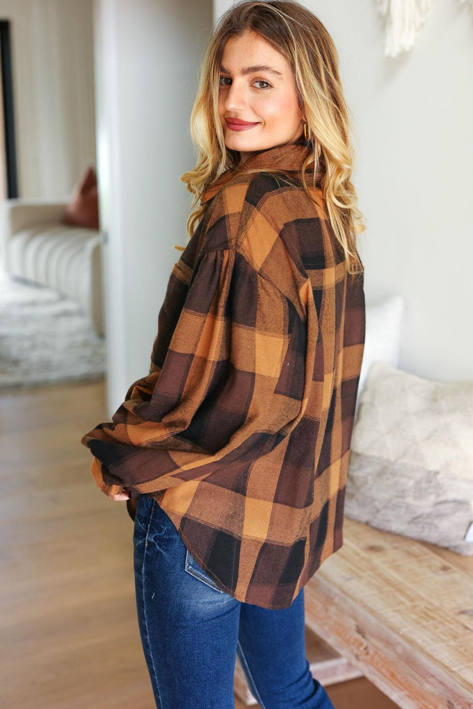 Camel & Black Plaid Shacket-Shirts & Tops-Haptics-Three Birdies Boutique, Women's Fashion Boutique Located in Kearney, MO