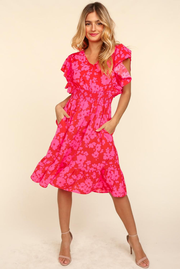 Red & Pink Floral Midi Dress-Dresses-Haptics-Three Birdies Boutique, Women's Fashion Boutique Located in Kearney, MO
