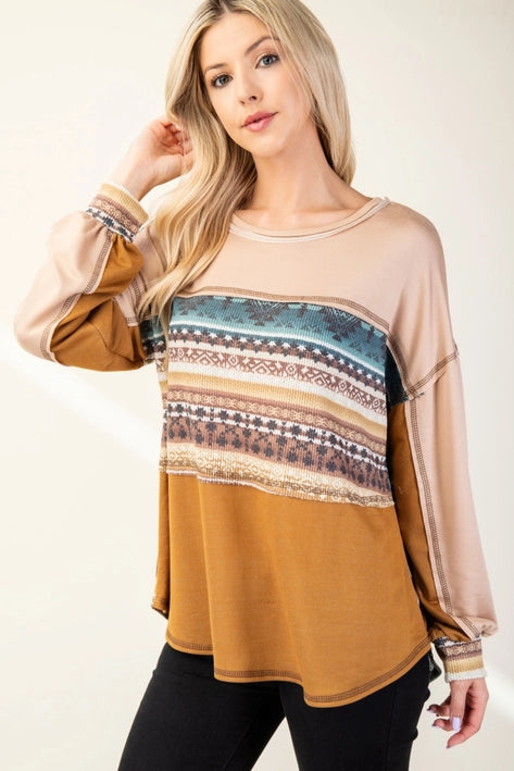 Color Block Aztec Print Top-Shirts & Tops-Celeste Clothing-Three Birdies Boutique, Women's Fashion Boutique Located in Kearney, MO