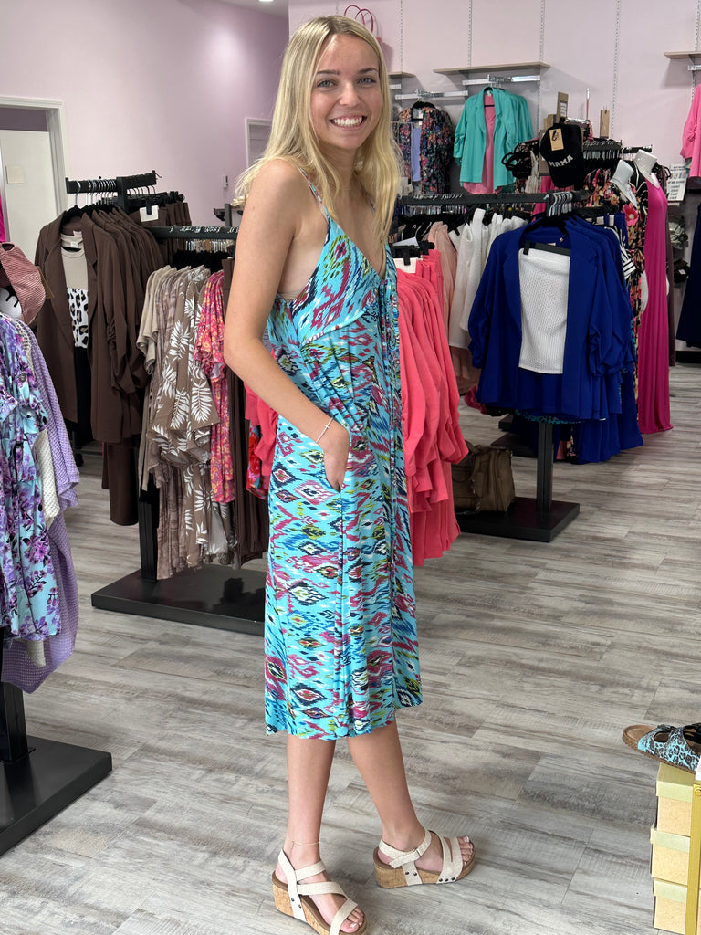 Aqua Aztec Print Midi Dress-Dresses-Sew In Love-Three Birdies Boutique, Women's Fashion Boutique Located in Kearney, MO